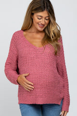 Mauve V-Neck Side Slit Thick Knit Maternity Sweater