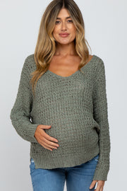 Olive V-Neck Side Slit Thick Knit Maternity Sweater