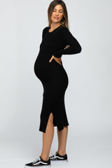 Black Ribbed Knit Fitted Maternity Midi Dress