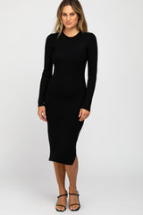 Black Ribbed Knit Fitted Maternity Midi Dress