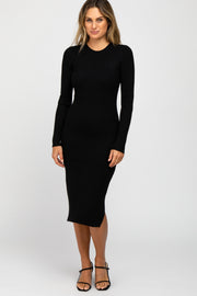 Black Ribbed Knit Fitted Midi Dress