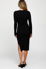 Black Ribbed Knit Fitted Midi Dress