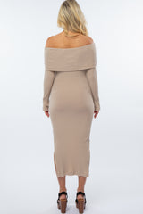 Taupe Ribbed Foldover Off Shoulder Fitted Maternity Midi Dress