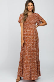 Rust Floral Smocked Front Maternity Maxi Dress