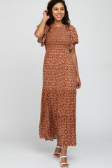 Rust Floral Smocked Front Maxi Dress