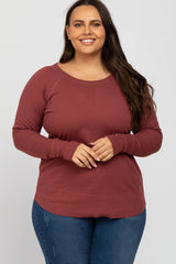 Rust Ribbed Knit Long Sleeve Plus Top