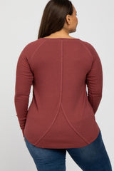 Rust Ribbed Knit Long Sleeve Plus Top