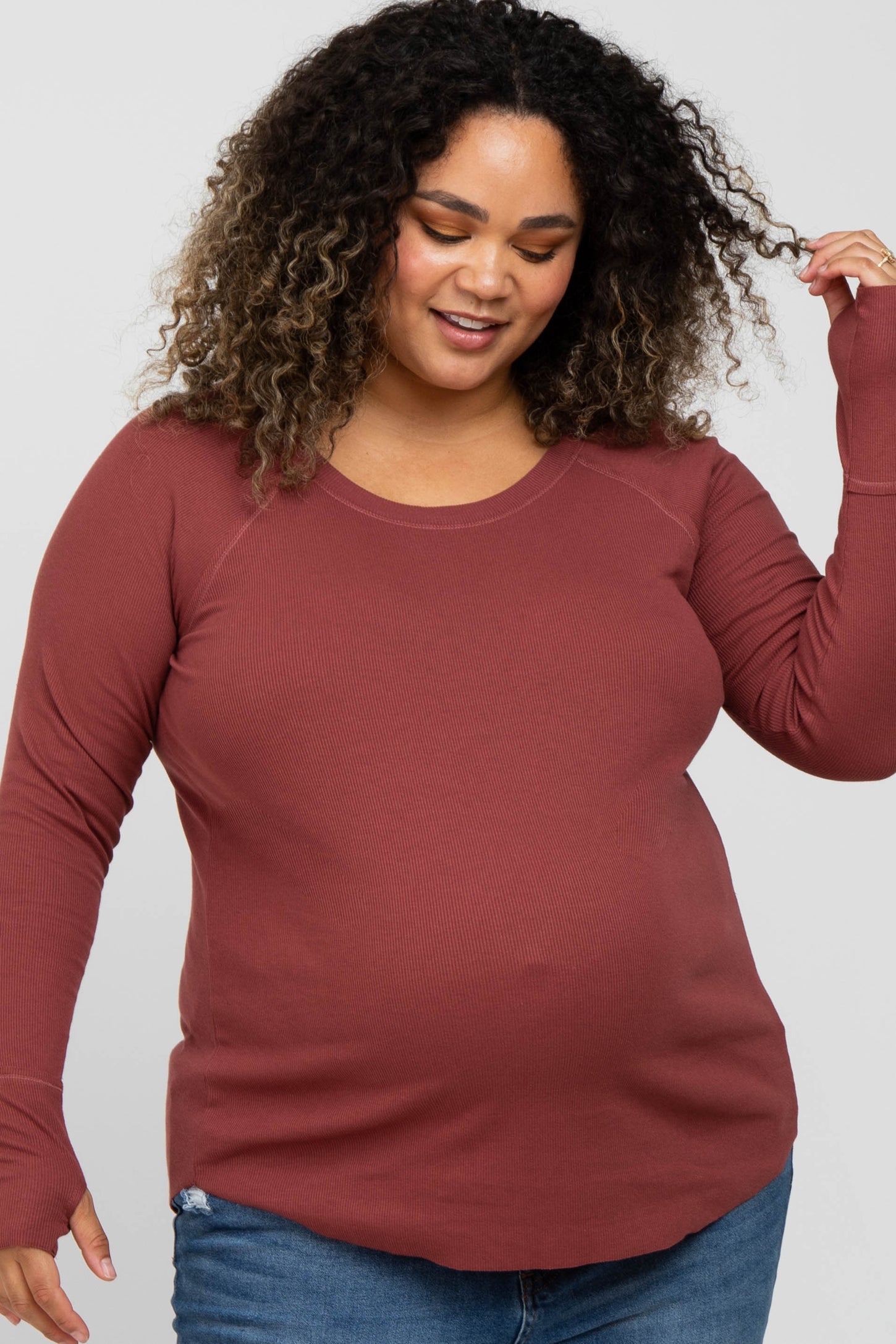 Rust Ribbed Knit Long Sleeve Plus Maternity Top