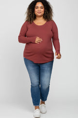 Rust Ribbed Knit Long Sleeve Plus Maternity Top