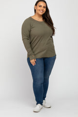 Olive Ribbed Knit Long Sleeve Plus Top