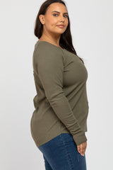 Olive Ribbed Knit Long Sleeve Plus Top