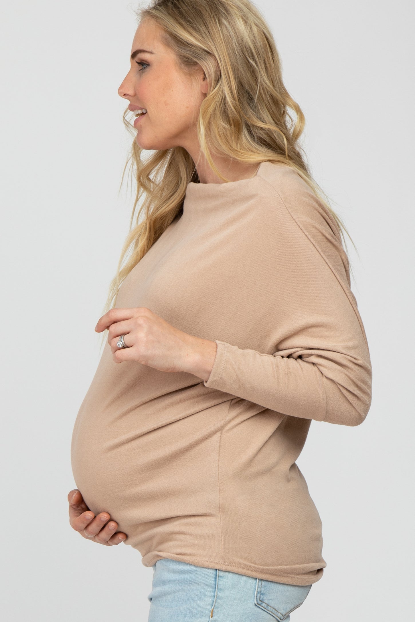 Beige Soft Knit Off Shoulder Maternity Top