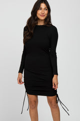 Black Ribbed Ruched Side Tie Fitted Dress