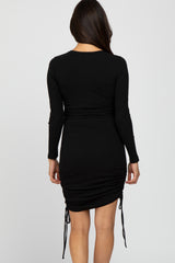 Black Ribbed Ruched Side Tie Fitted Dress