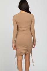 Mocha Ribbed Ruched Side Tie Fitted Dress