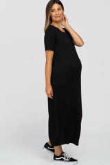 Black Short Sleeve Maternity MIdi Dress