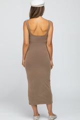 Mocha Soft Fitted Tie Front Maternity Midi Dress