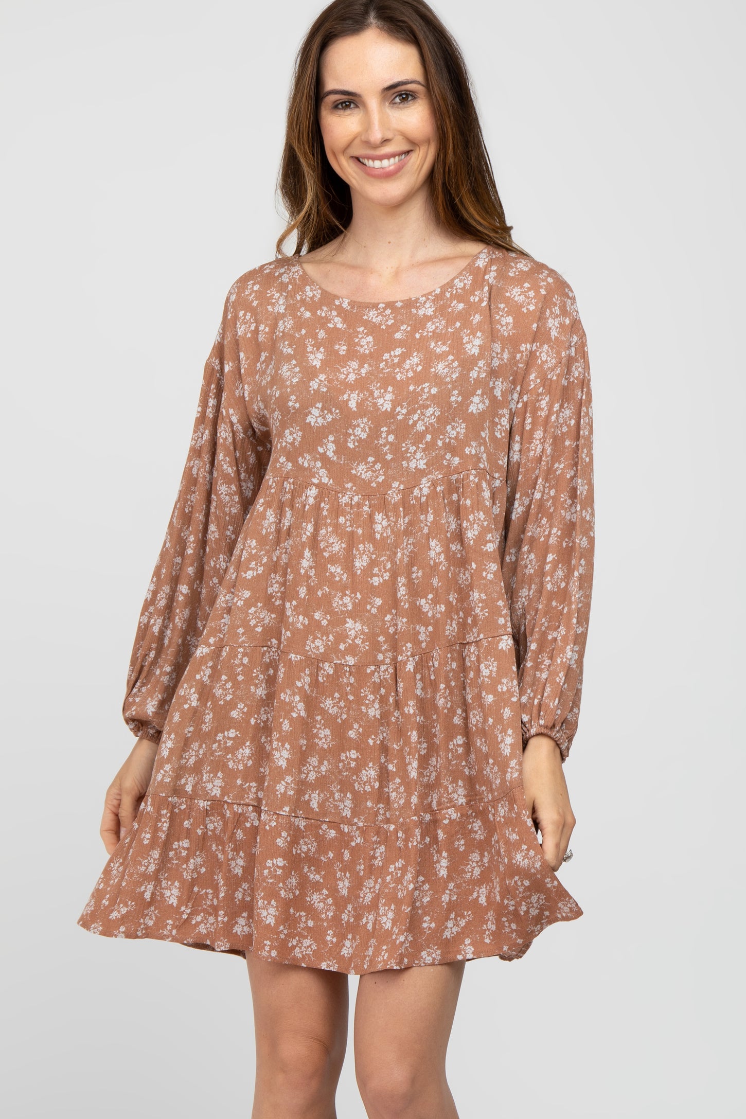 Rust Floral Long Sleeve Babydoll Dress PinkBlush Rust Floral Long Sleeve Babydoll Dress PinkBlush