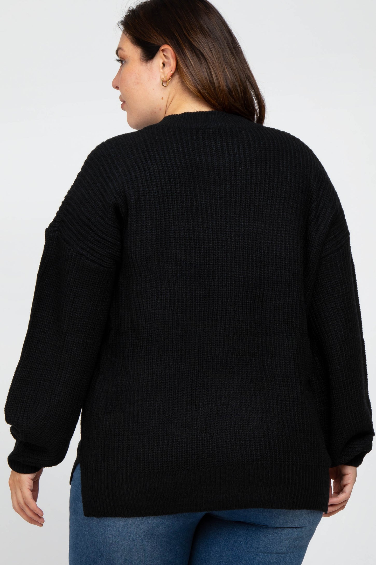 Black Knit Balloon Sleeve Plus Sweater