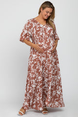 Rust Floral Button Front Maternity Plus Maxi Dress