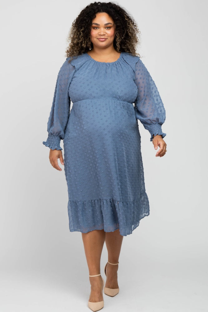 Blue Chiffon Dotted Ruffle Sleeve Maternity Plus Midi Dress