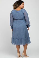 Blue Chiffon Dotted Ruffle Sleeve Maternity Plus Midi Dress