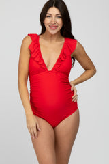 Red Ruffle Tie Maternity One-Piece Swimsuit