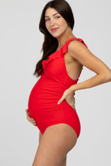 Red Ruffle Tie Maternity One-Piece Swimsuit