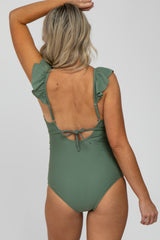 Olive Ruffle Tie Maternity One-Piece Swimsuit