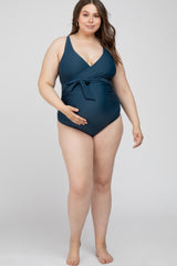 Navy Blue Waist Tie Maternity Plus One-Piece Swimsuit