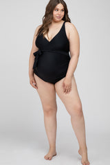 Black Waist Tie Maternity Plus One-Piece Swimsuit