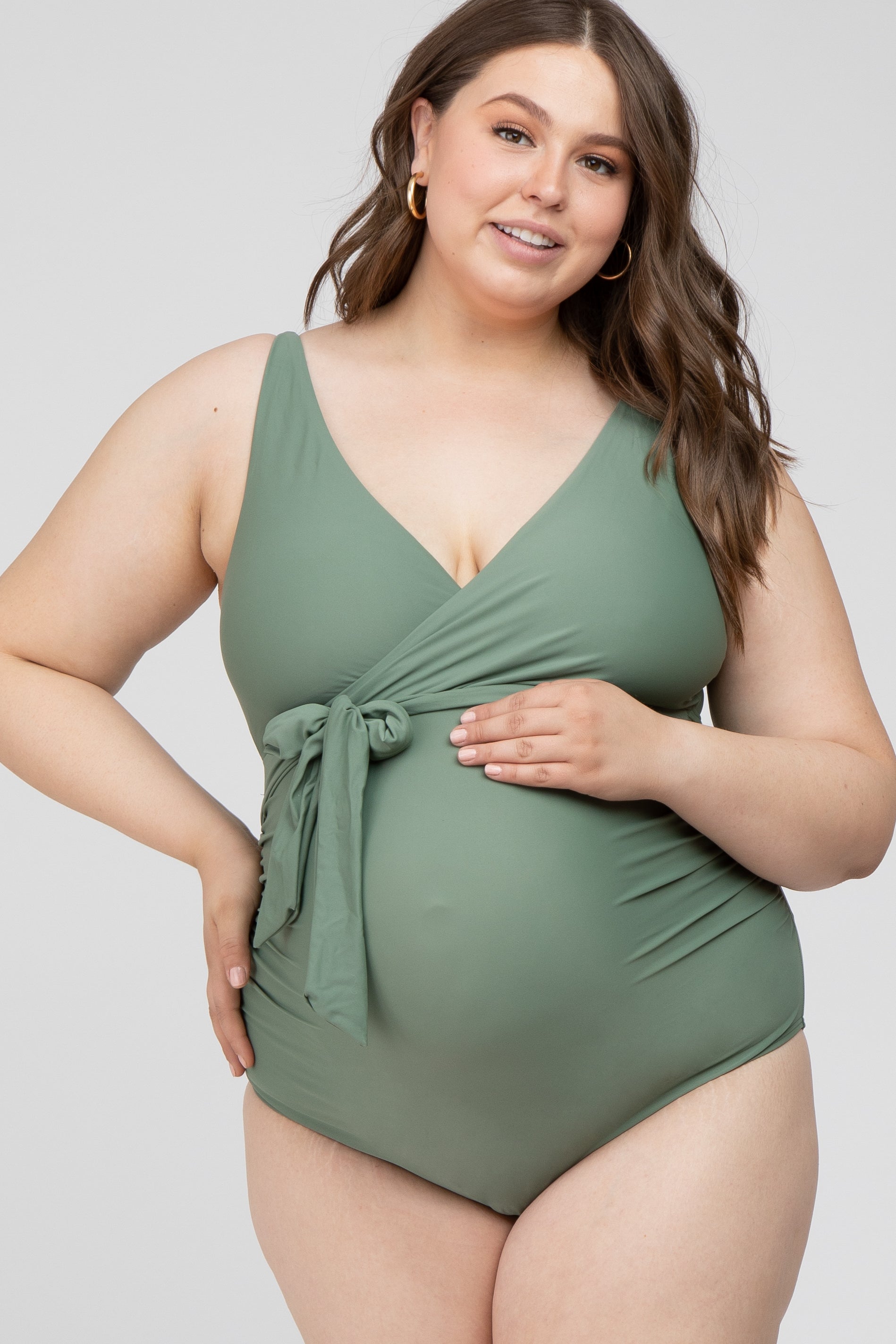 Olive Waist Tie Maternity Plus One-Piece Swimsuit