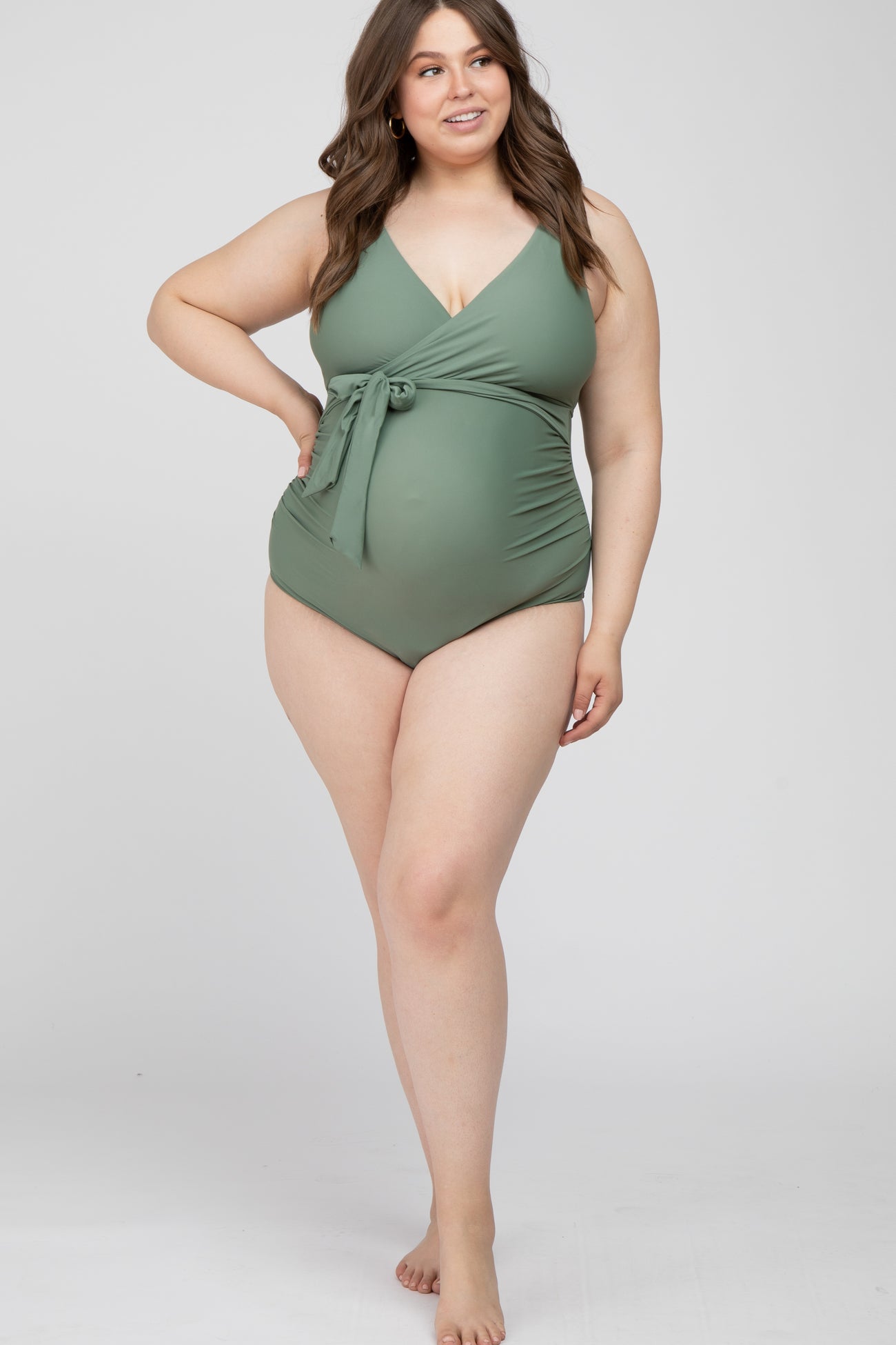 Olive Waist Tie Maternity Plus One-Piece Swimsuit– PinkBlush