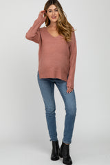 Rust Soft Knit V-Neck Maternity Sweater