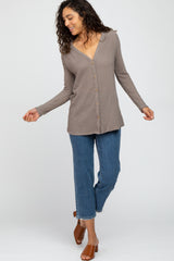 Mocha Waffle Knit Button Down Accent Top