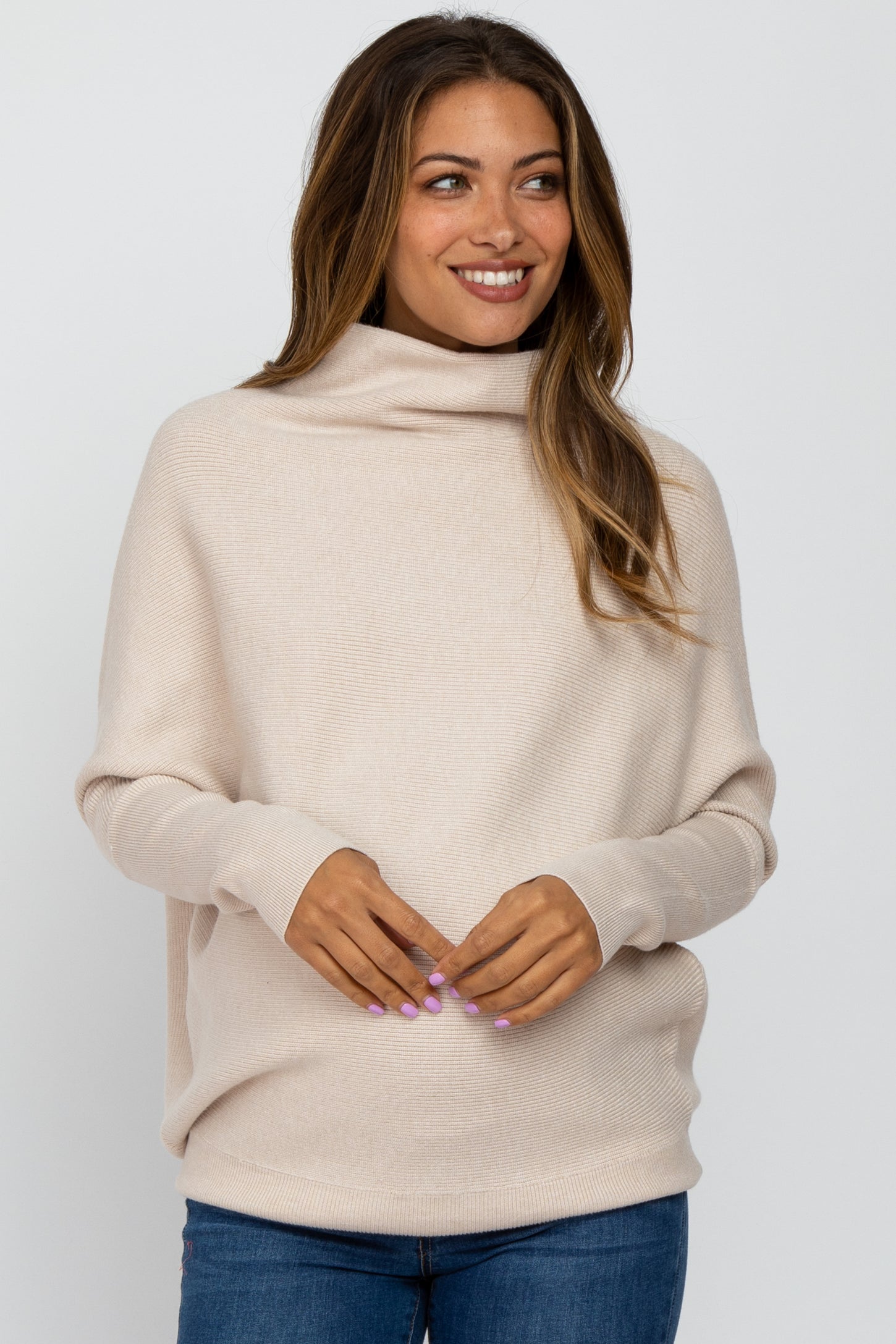 Beige Funnel Neck Dolman Sleeve Maternity Sweater