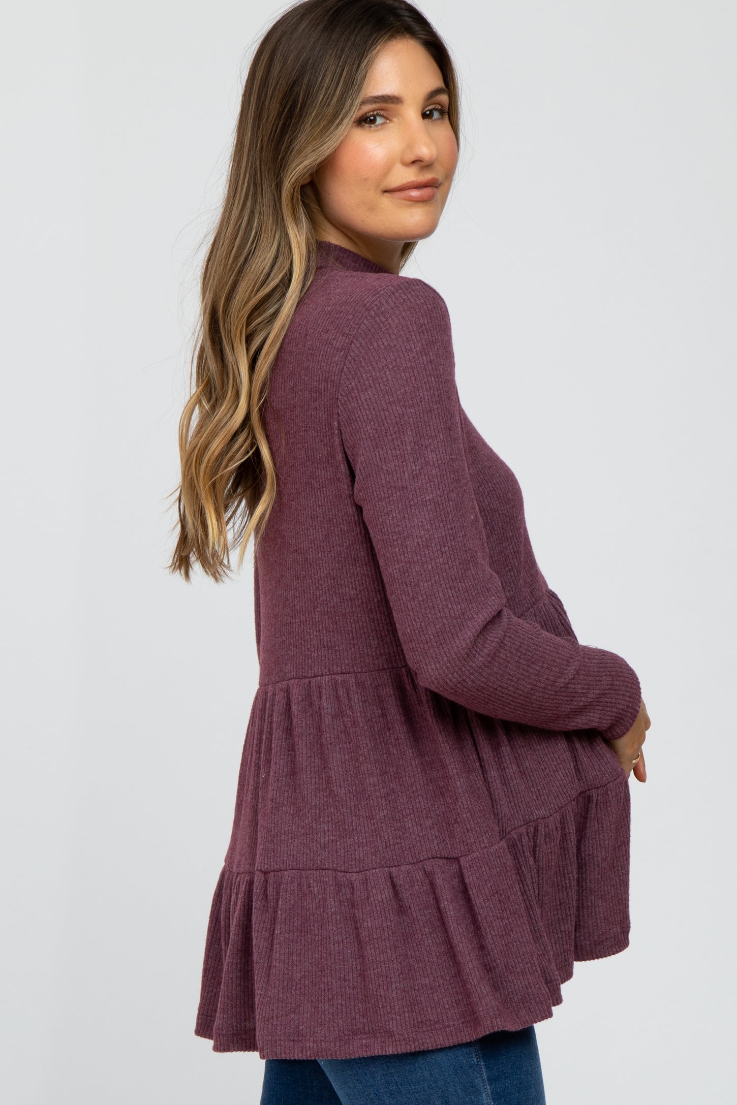 Plum Brushed Tiered Mock Neck Maternity Top