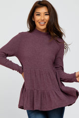 Plum Brushed Tiered Mock Neck Maternity Top