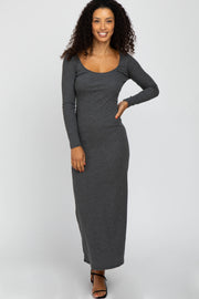 Charcoal Ribbed Long Sleeve Maxi Dress