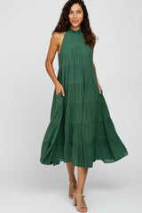 Forest Green Tiered High Neck Maternity Maxi Dress