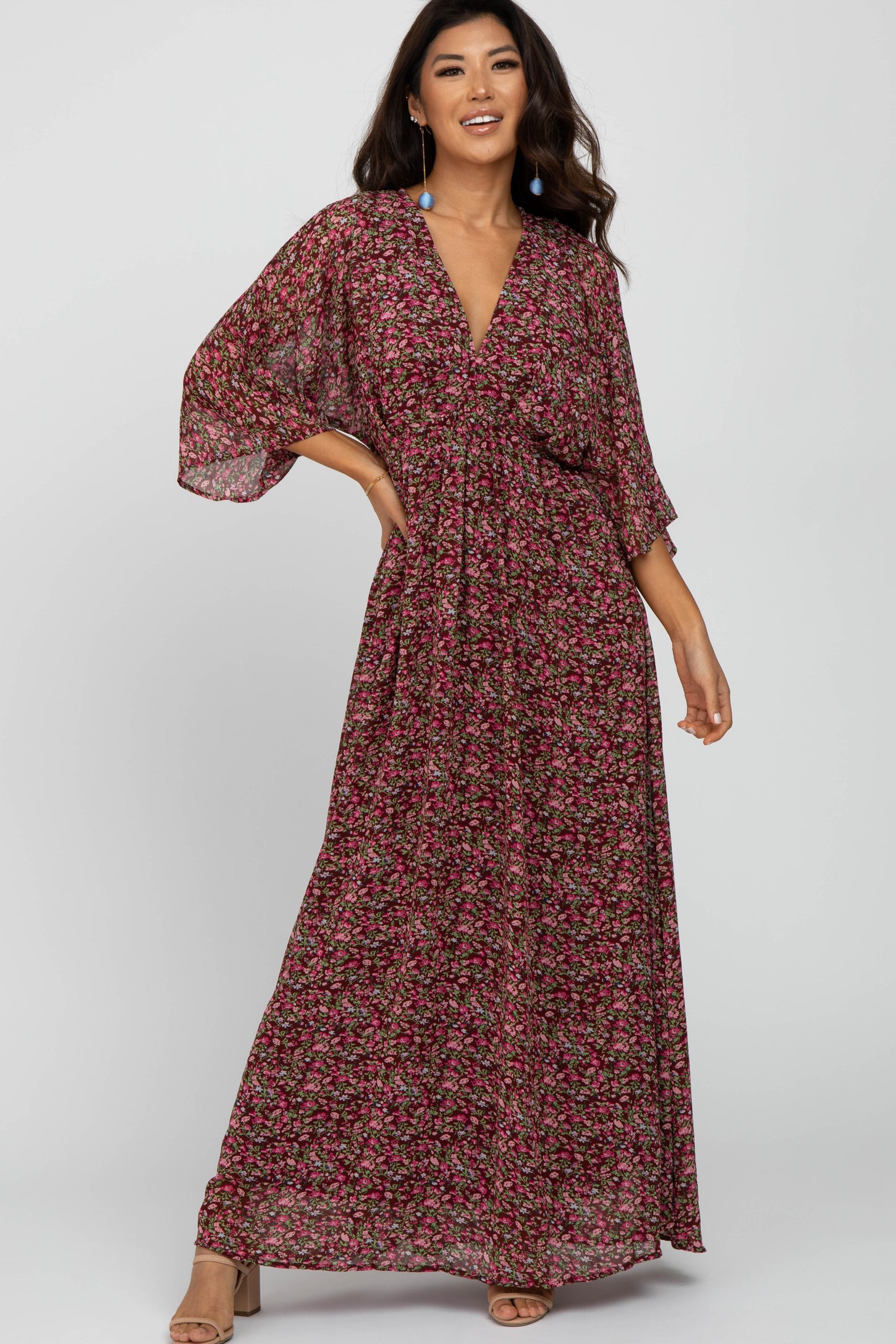 Burgundy Floral V-Neck Maxi Dress – PinkBlush