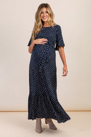Navy Polka Dot Petite Maternity Maxi Dress