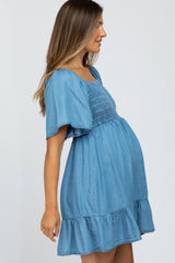 Blue Smocked Tie Back Maternity Mini Dress
