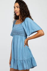 Blue Smocked Tie Back Mini Dress