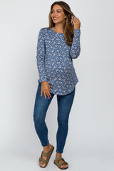 Blue Floral Long Sleeve Maternity Top