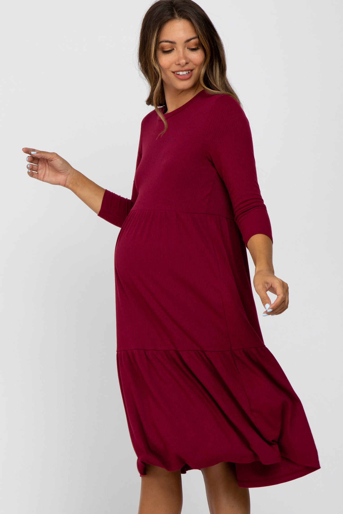Burgundy Tiered Ribbed 3/4 Sleeve Maternity Midi Dress