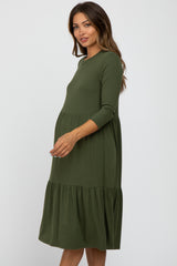 Olive Tiered Ribbed 3/4 Sleeve Maternity Midi Dress