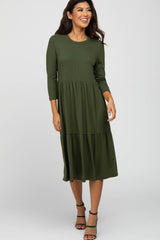 Olive Tiered Ribbed 3/4 Sleeve Maternity Midi Dress