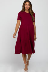 Burgundy Ribbed Tiered Maternity Dress