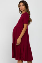 Burgundy Ribbed Tiered Maternity Dress